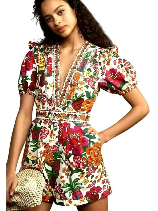 FARM Rio Pants - Anthropologie Farm Rio Flowerful Printed Romper Shorts Belt Small New